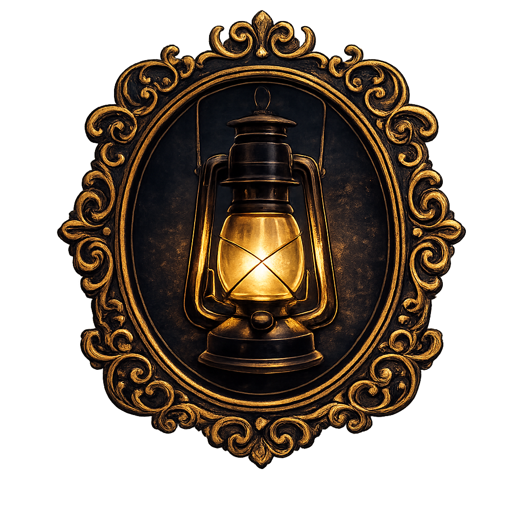 Ornate antique gold oval frame enclosing a glowing lantern